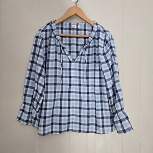 3/$15 GAP Plaid Popover Blouse Top Blue Lightweight Size M
